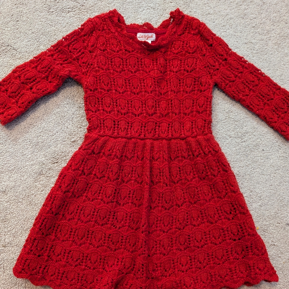 Red Knit Long-Sleeve Girls Dress